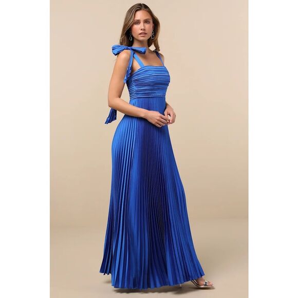 Lulus Gorgeous Purpose Royal Blue Pleated Sleeveless Bow Maxi Dress Size L NWT - Picture 1 of 8